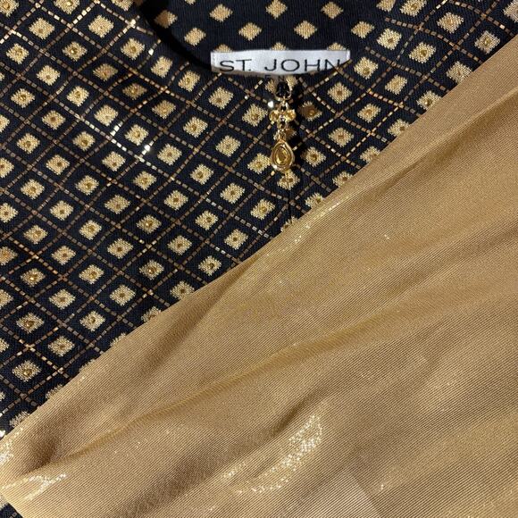 St. John Evening Black Gold Knit Jacket Zip Paillettes Rhinestone W/Scarf Sz 2 - Picture 15 of 15